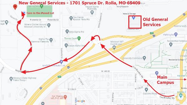 Visual Map to the New General Services Building at 1701 Spruce Dr.